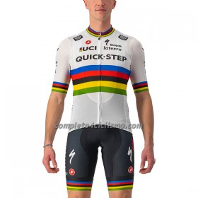 Completo Maglia + Pantaloncino con bretelle 2022 Quick-Step Alpha Vinyl Campione Del Mondo Manica Corta Bianco Multicolore